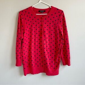 VINTAGE ELLEN TRACY RED CARDIGAN NAVY BLUE POLKA DOTS BUTTON FRONT RIBBED KNIT